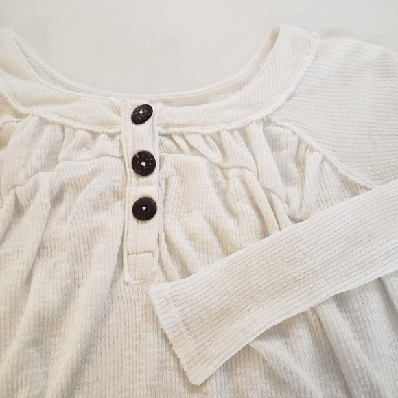 We The Free Womens Long Sleeve Waffle Knit Top Three Button Henley White Sz S - Picture 5 of 10